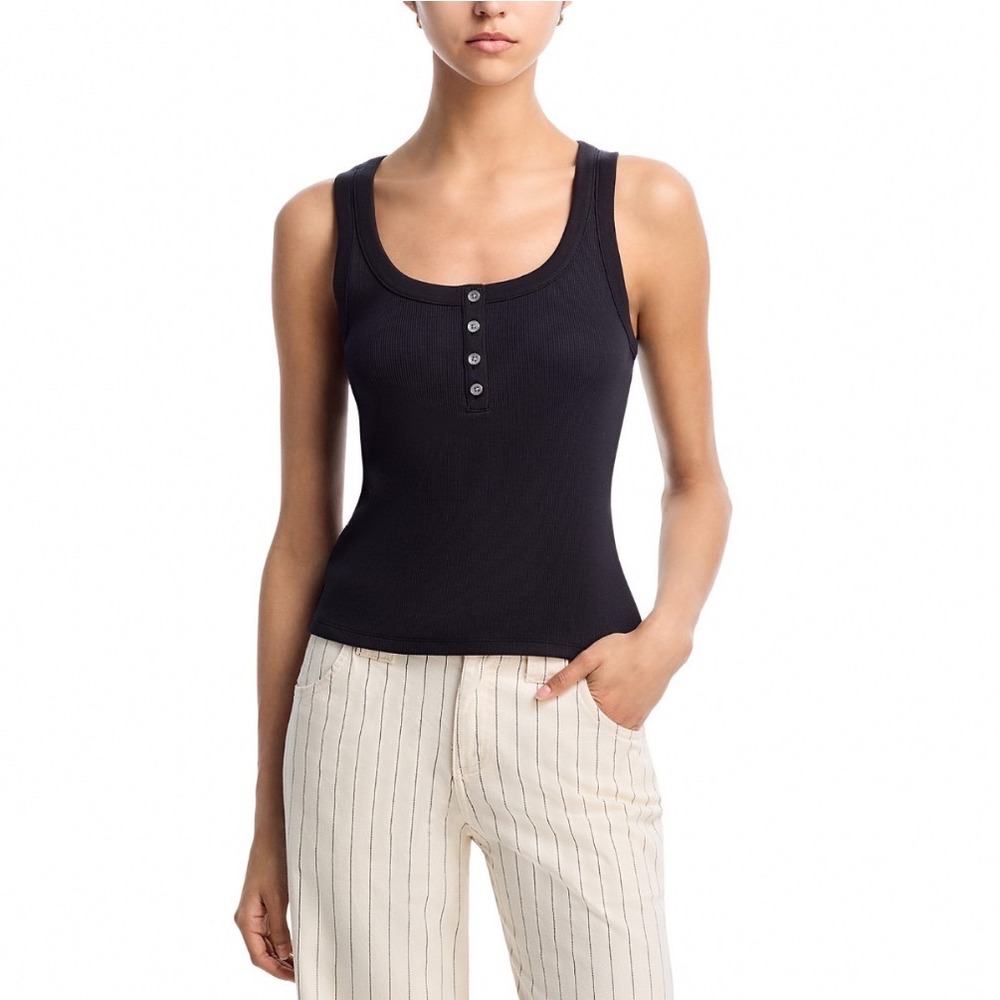 Veronica Beard Abbott Tank Top Black Ribbed Square Neck Henley Large